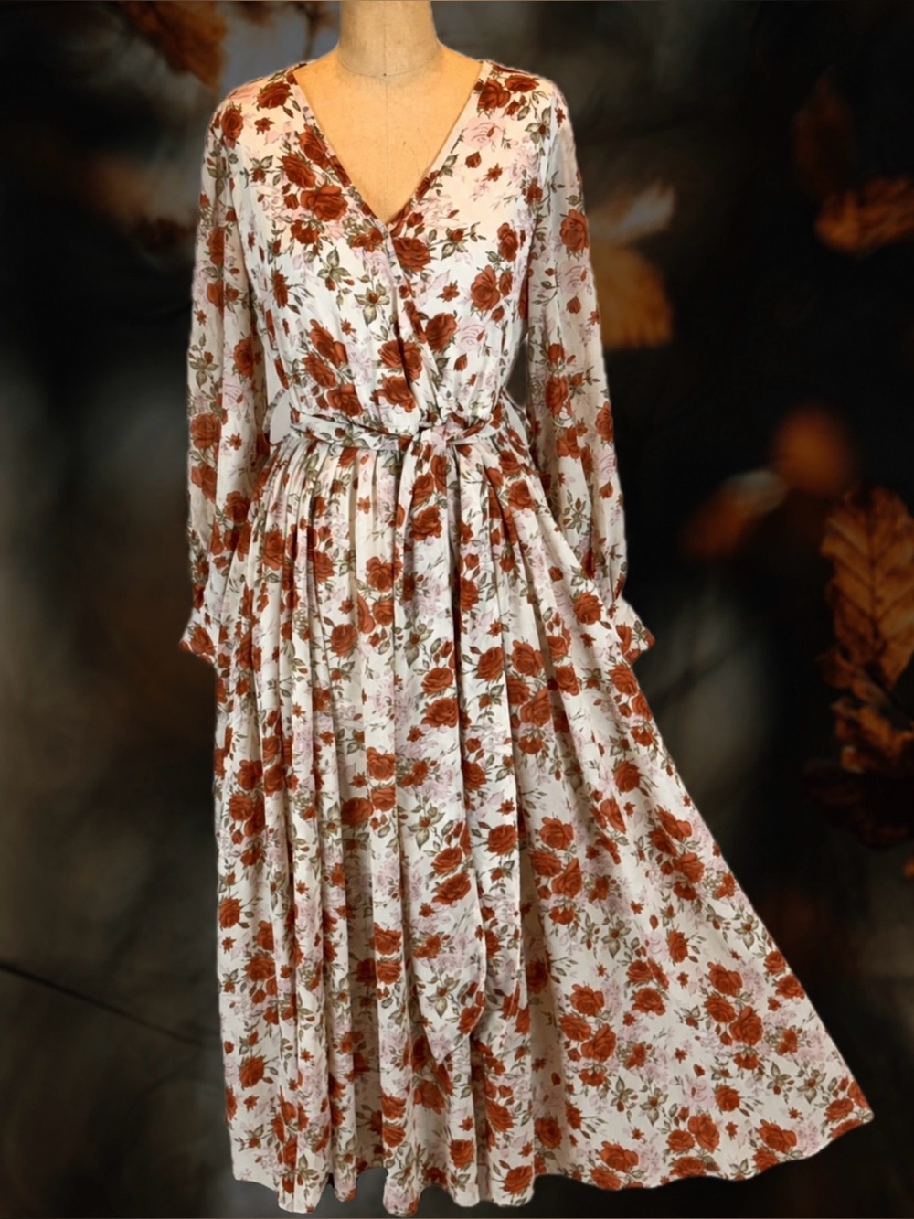 Romantic rose woodland prairie dress maxi long sleeve airy floral earthy fall